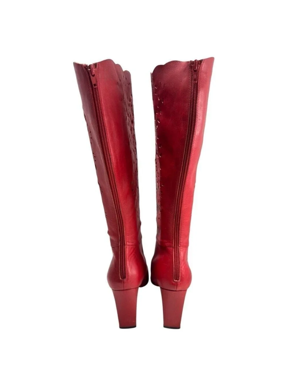 Bellini Boho Red Laser-Cut Scalloped Leather Knee High Boots Womens Sz 8.5M